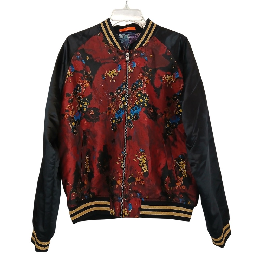 Tallia Mens Red Floral Brocade Bomber Jacket Black Satin Sleeves Large